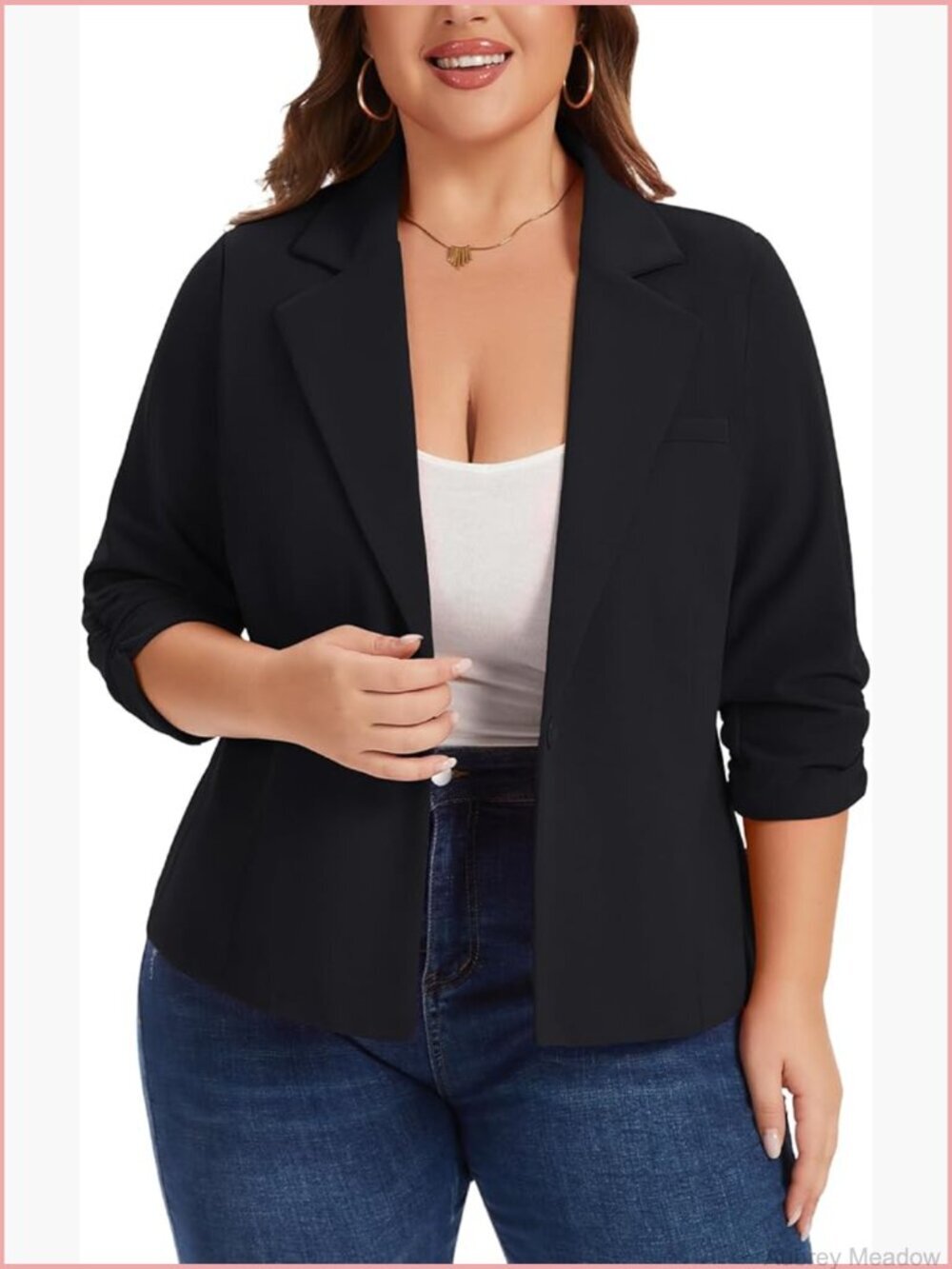 Plus Size Cropped Blazer 3/4 Sleeve Notch Lapel Button Front Office Work Jacket